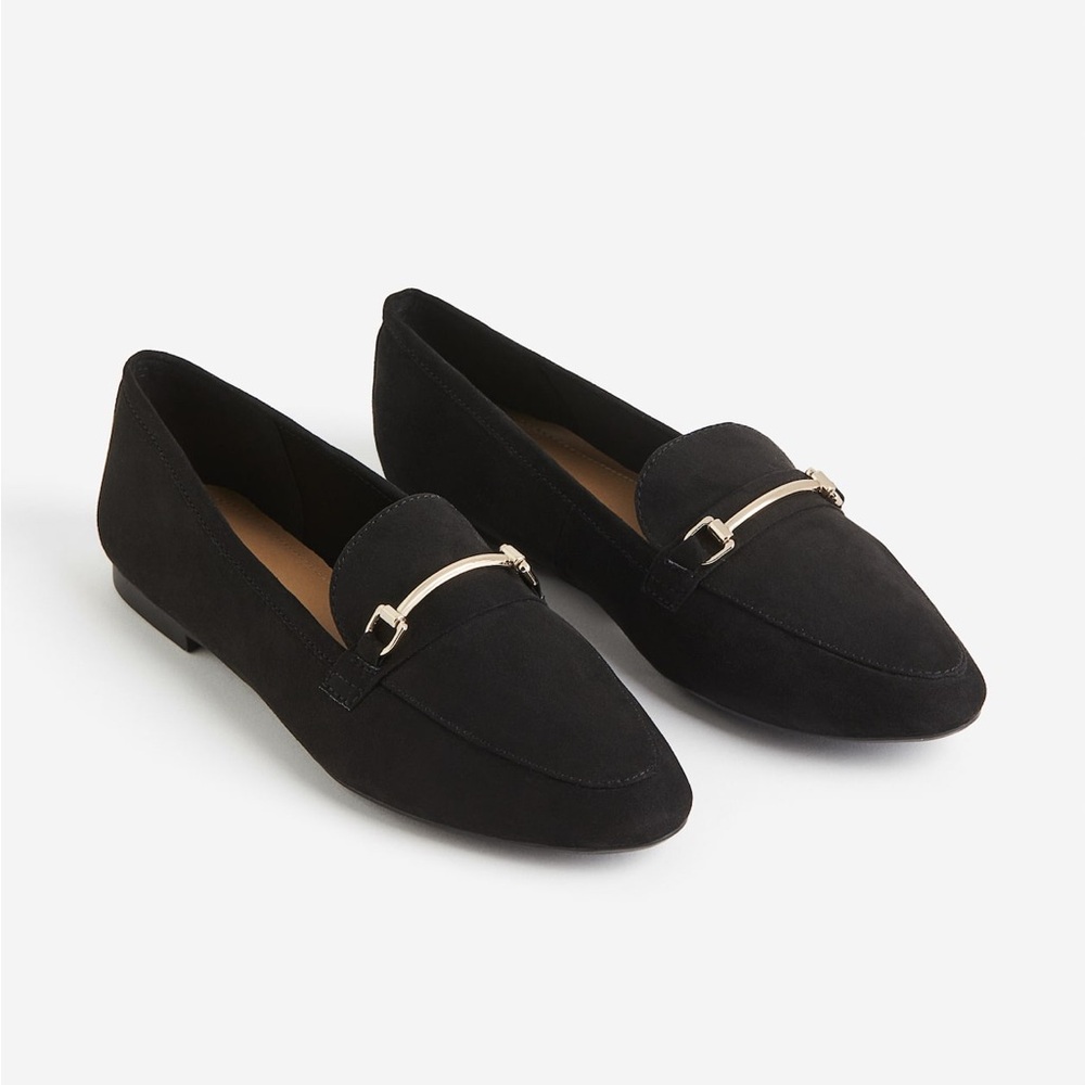 H&M‎ Black Faux Suede Horsebit Loafers Gold Accent Flat Shoes Size 8